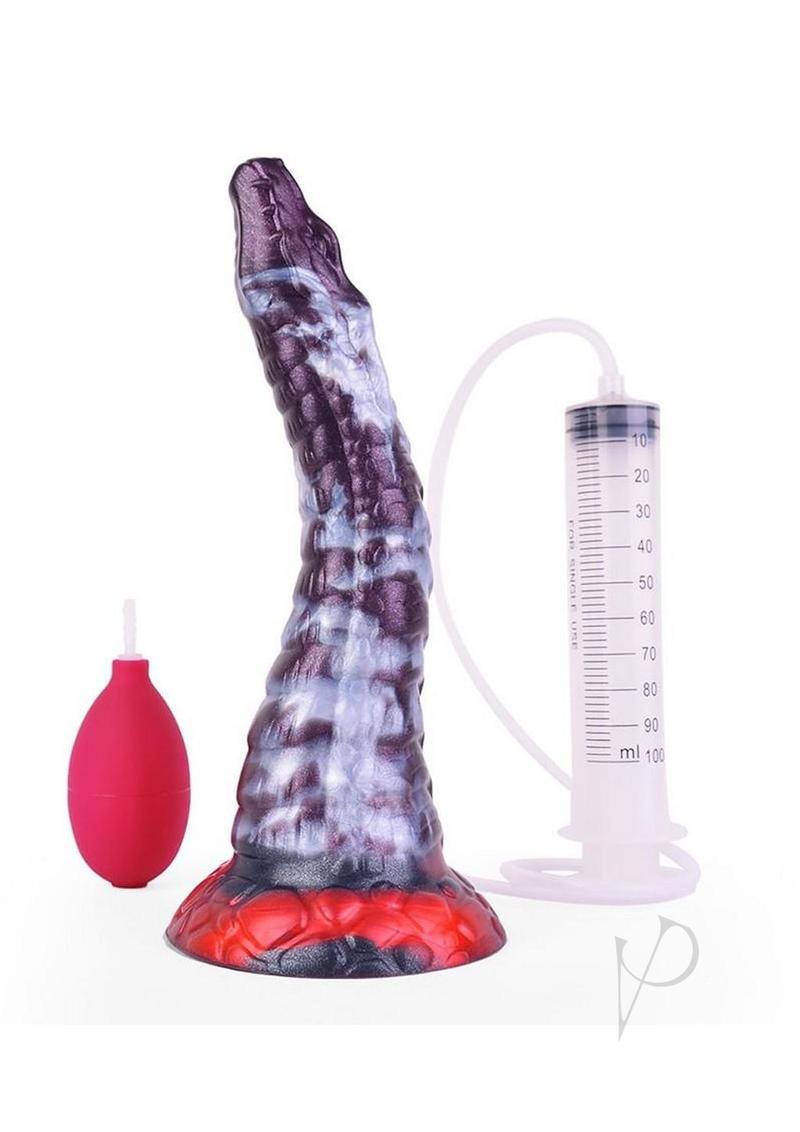Monstar Cox Serpiente Silicone Ejaculation Cock Dildo with pump and measuring cylinder, showcasing its unique design.