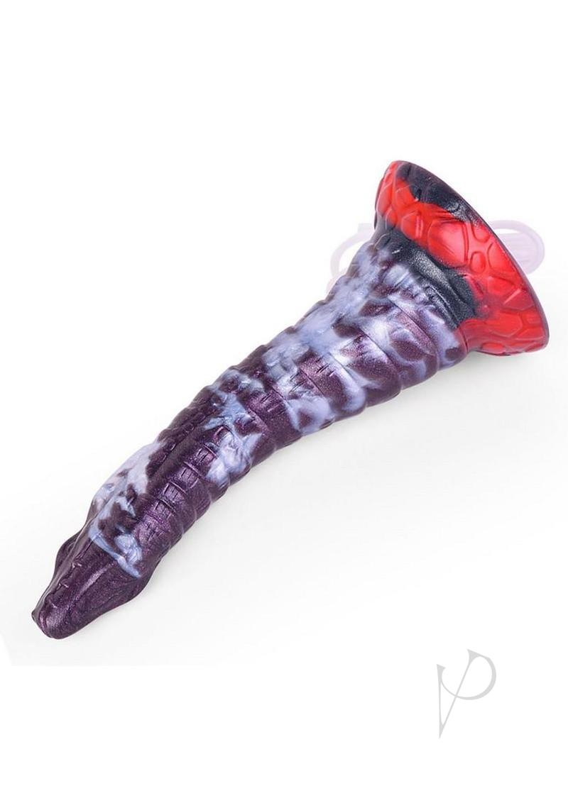 Monstar Cox Serpiente Silicone Ejaculation Cock Dildo in purple and red with textured design and spiraled shaft.