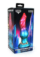Monstar Cox FrostFang Cock Silicone Dildo packaging showcasing vibrant colors and clawed base design.