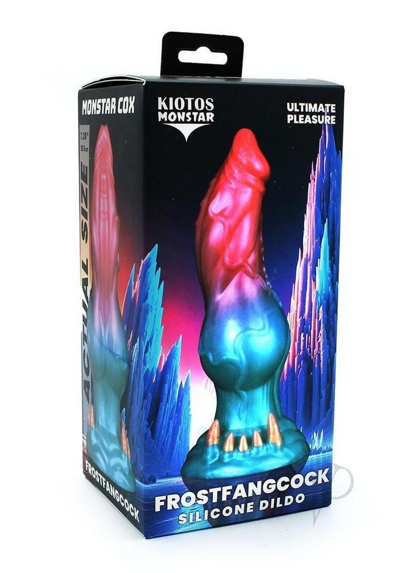 Monstar Cox FrostFang Cock Silicone Dildo packaging showcasing vibrant colors and clawed base design.