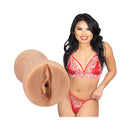 Signature Strokers Cindy Starfall Ultraskyn Pocket Pussy featured alongside model in red lingerie.