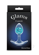 Glams Cosmic Silicone Anal Plug Small Clear Blue in packaging showcasing its silicone and glass design.