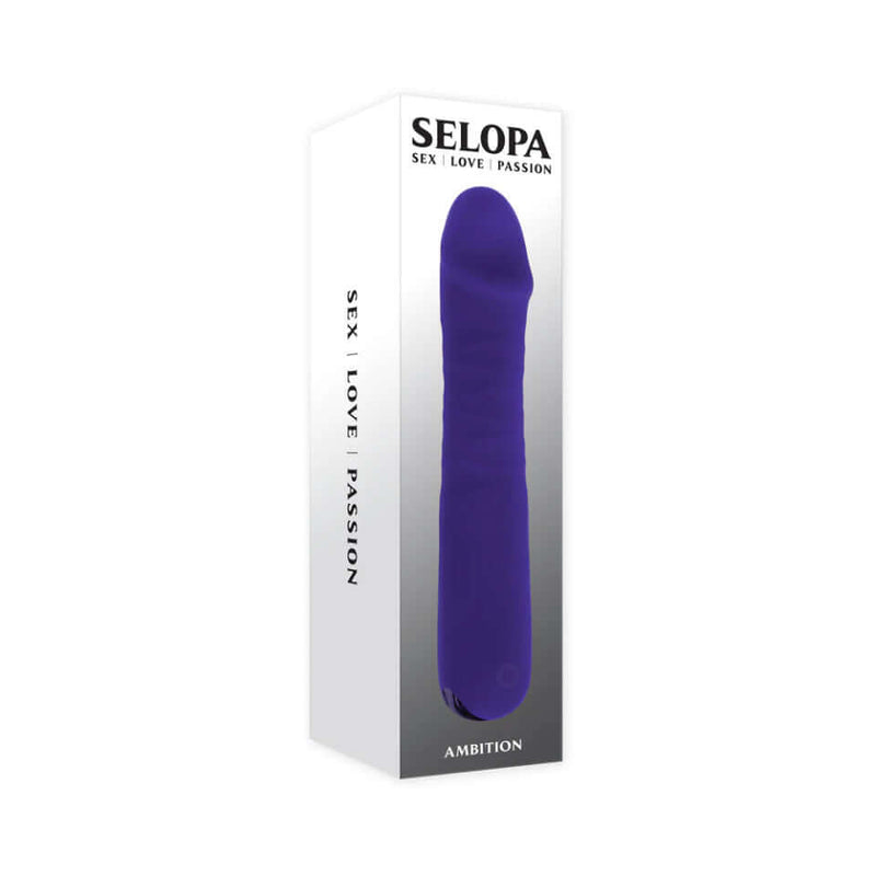 Ambition Thrusting Vibrator in packaging, featuring 10 speeds and phallic shape for lifelike stimulation, made from body-safe materials.