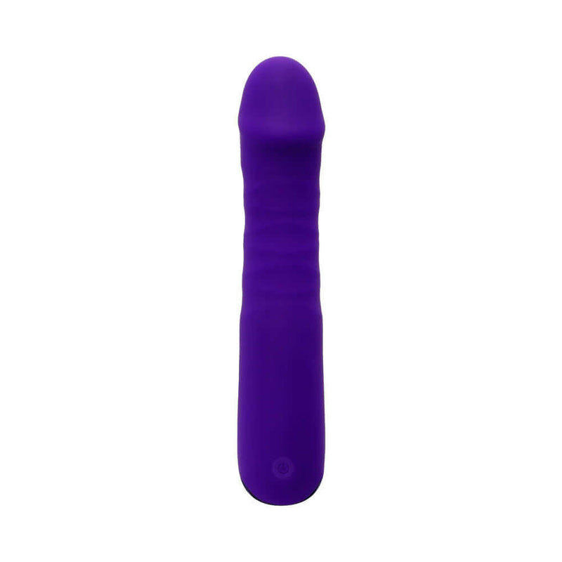 Purple Ambition thrusting vibrator, phallic shape, 10 speeds & patterns, body-safe silicone.