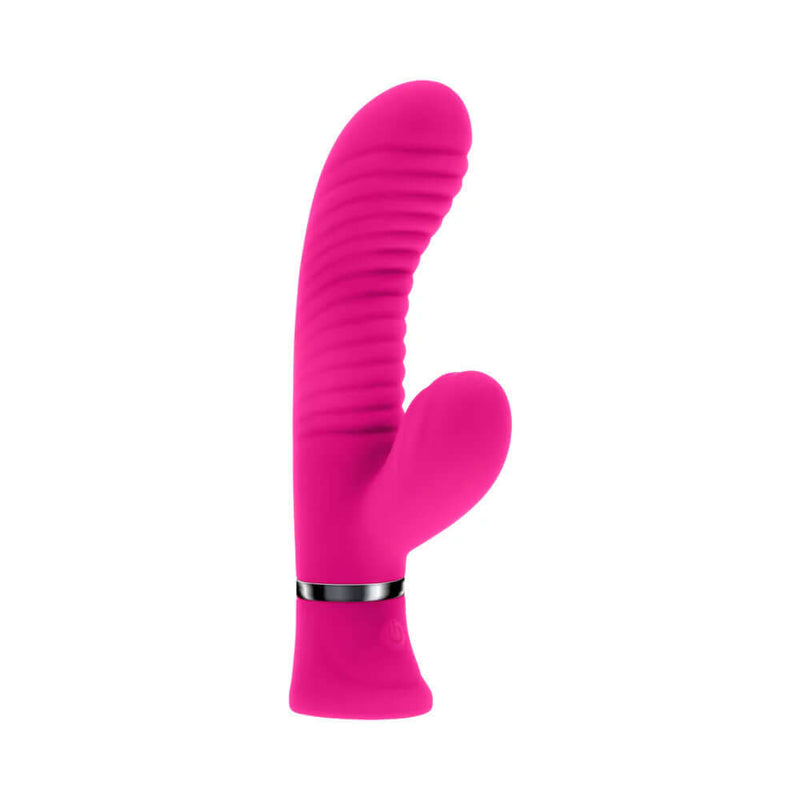 Bright pink dual vibrator with curved, wavy grooves, featuring 10 vibrating speeds and patterns for enhanced pleasure.