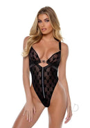 Playboy Bunny Charm Teddy XSmall Black model showcasing sheer flocked mesh fabric and signature charm.