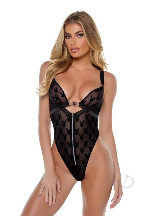 Playboy Bunny Charm Teddy XSmall Black model showcasing sheer flocked mesh fabric and signature charm.