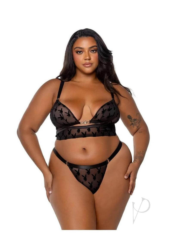 Playboy Bunny Charm Bralette Set 2 XLarge Black model showcasing the seductive two-piece lingerie set in black.