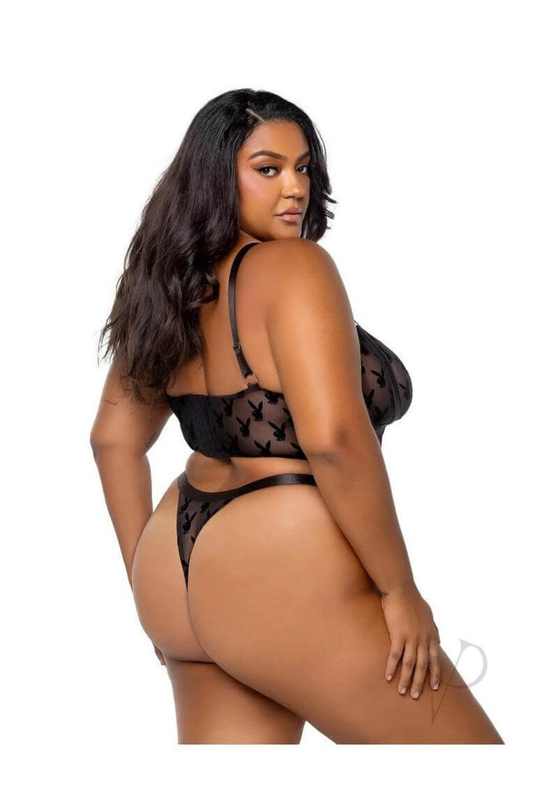 Playboy Bunny Charm Bralette Set 2 XLarge Black modeled by a confident woman, showcasing the seductive design.