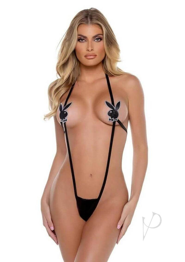 Playboy Sultry Bunny Sling Large XLarge Black featuring elegant bunny appliqué detail on a daring one-piece lingerie.