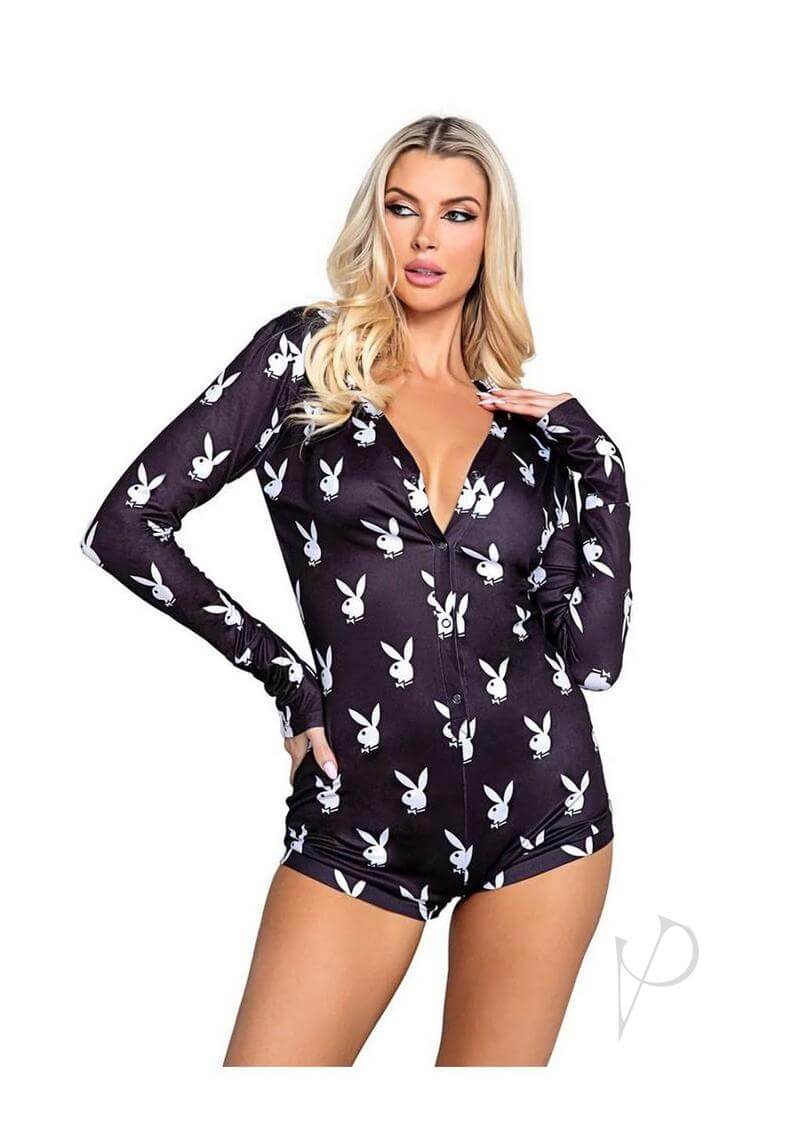 Playboy Slumber Bunny Romper Medium Large Black worn by a model showcasing its cozy and stylish design.