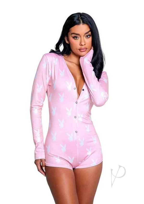 Playboy Slumber Bunny Romper Large XLarge Pink White worn by a model, showcasing its playful design and comfortable fit.