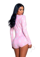 Playboy Slumber Bunny Romper Large XLarge Pink White shown from back with bunny logo design.