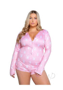 Playboy Slumber Bunny Romper Pink 3 XLarge 4 XLarge on a model showcasing playful charm and cozy comfort.