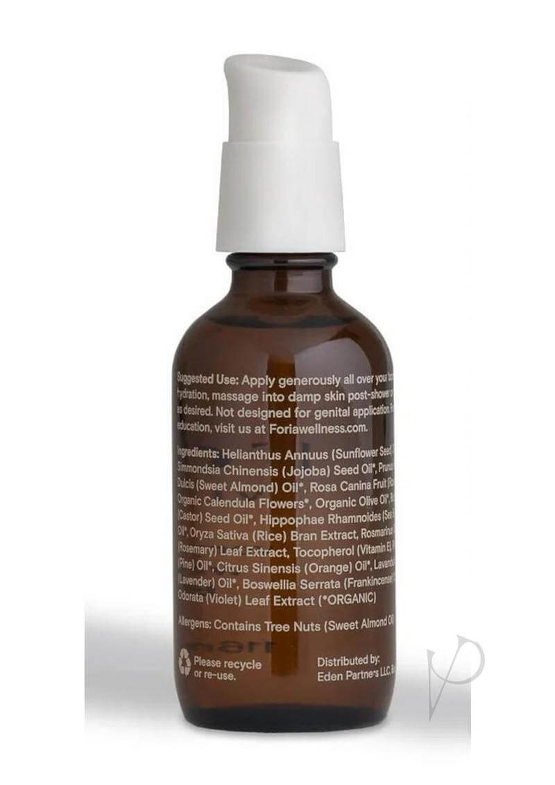 Foria Everyday Body Oil with Organic Botanicals 3.9 Oz packaging showing ingredients and usage instructions.