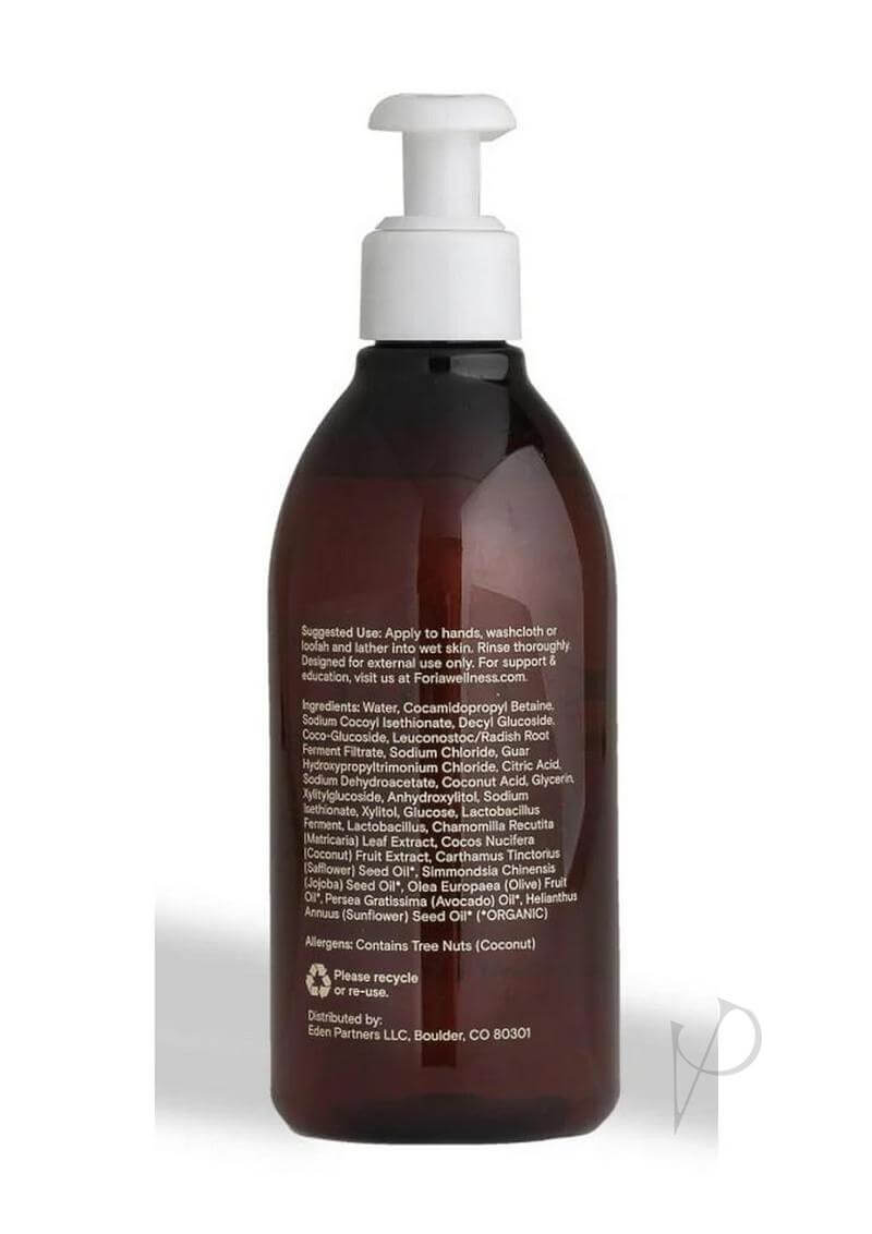 Foria Everyday Hydrating Body Wash with Botanicals 10 Oz bottle back view showing ingredients and pump top.
