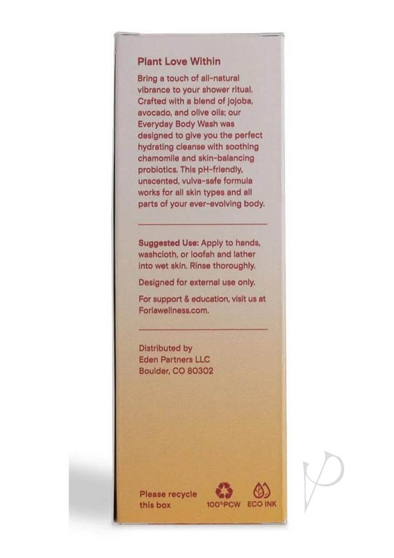 Foria Everyday Hydrating Body Wash with Botanicals 10 Oz product packaging with natural oil ingredients and usage instructions.