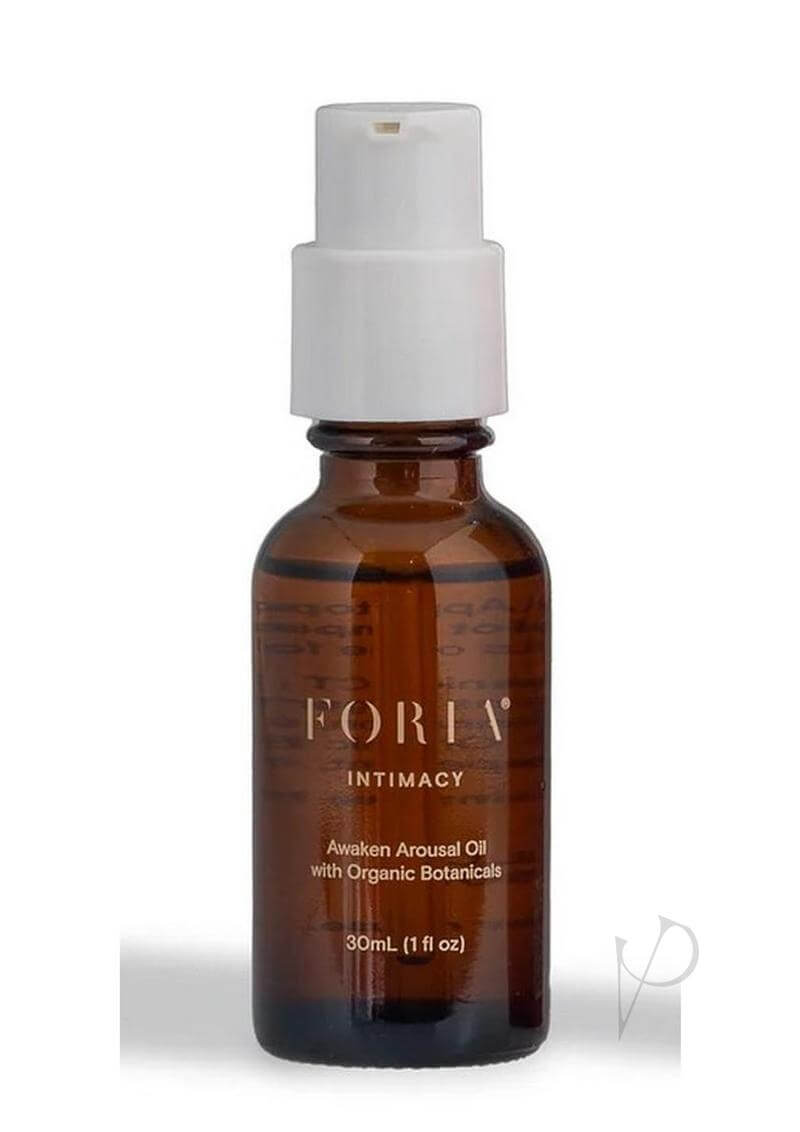 Foria Awaken Arousal Oil with Organic Botanicals 1 Oz in amber glass bottle with pump top.