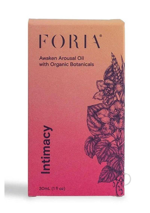 Foria Awaken Arousal Oil with Organic Botanicals 1 Oz product packaging featuring an intimate design.