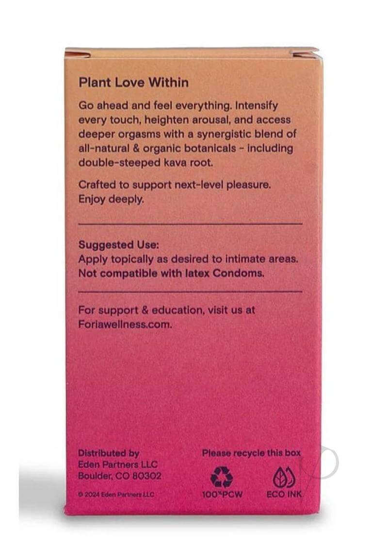 Foria Awaken Arousal Oil with Organic Botanicals 1 Oz packaging featuring plant love within message and usage instructions.