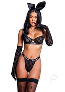 Playboy Bunny Noir Set 2 Piece Black Large model showcasing bold lingerie with bunny ears and gloves.