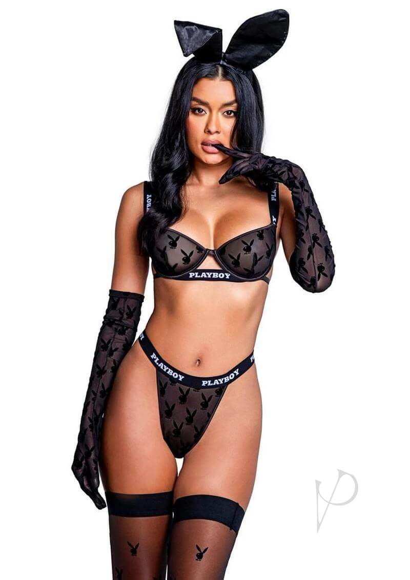Playboy Bunny Noir Set 2 Piece Black Large model showcasing bold lingerie with bunny ears and gloves.