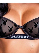 Playboy Bunny Noir Set 2 Piece Black Large mesh underwire bra with flocked Playboy Bunny design.