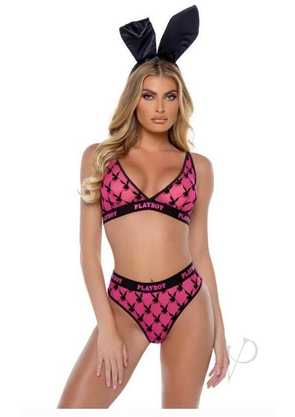 Playboy Flocked Bunny Bra Set XLarge Pink Black model wearing lingerie with bunny ears