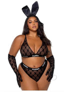 Playboy Flocked Bunny Bra Set 1 XL Black featuring a model in a seductive two-piece lingerie set with bunny ears.