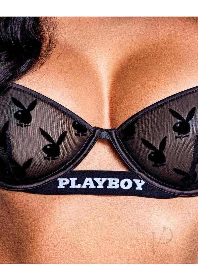 Playboy Bunny Noir Set 2 Piece Black XLarge black underwire bra with sheer mesh and bunny motifs.