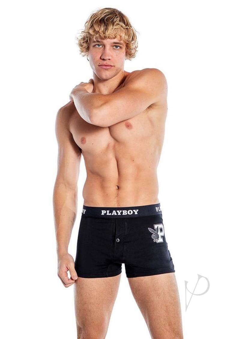 Playboy Mens Varsity Boxer Briefs Black White XLarge on a model showcasing comfort and style.