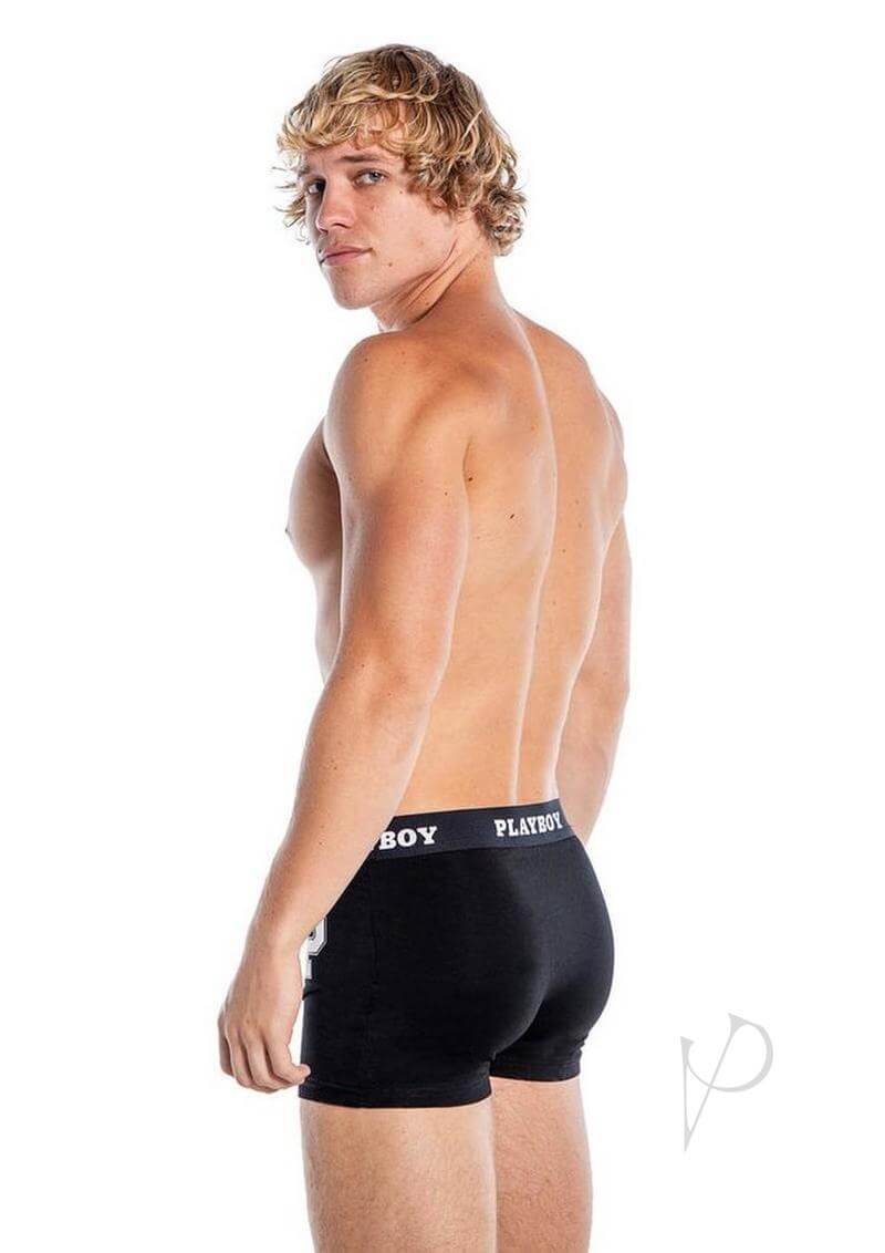 Playboy Mens Varsity Boxer Briefs Black White XLarge model wearing back view showcasing comfort and style.