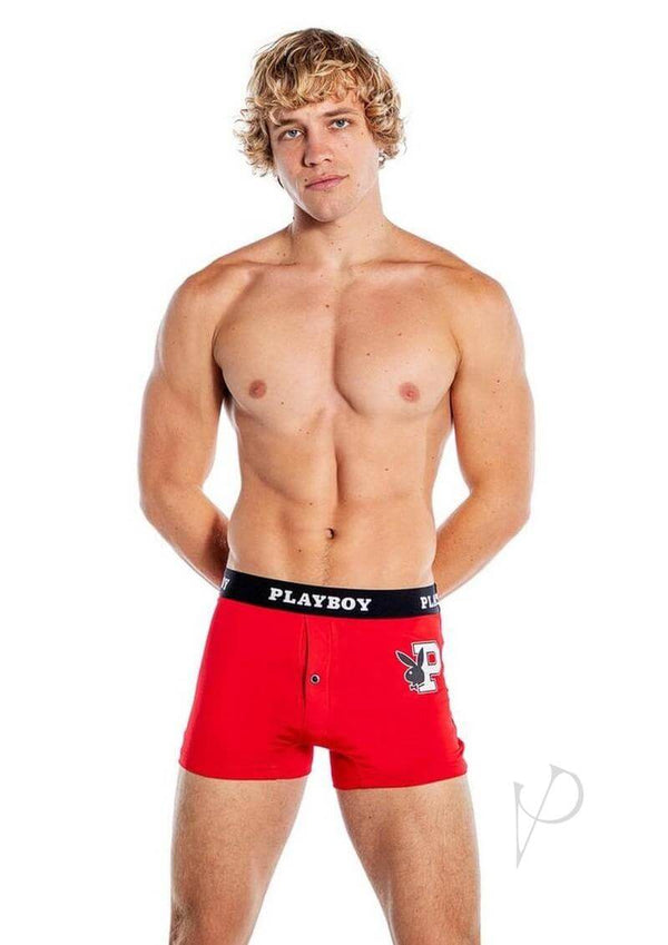 Playboy Mens Varsity Boxer Briefs Red White XLarge on a model showcasing sporty style and comfort.