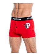 Playboy Mens Varsity Boxer Briefs Red White XLarge worn by model showcasing sporty design and logo waistband.