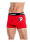 Playboy Mens Varsity Boxer Briefs Red White XLarge worn by model showcasing sporty design and logo waistband.