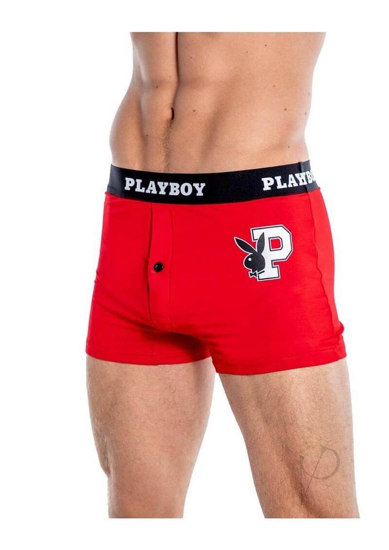 Playboy Mens Varsity Boxer Briefs Red White XLarge worn by model showcasing sporty design and logo waistband.