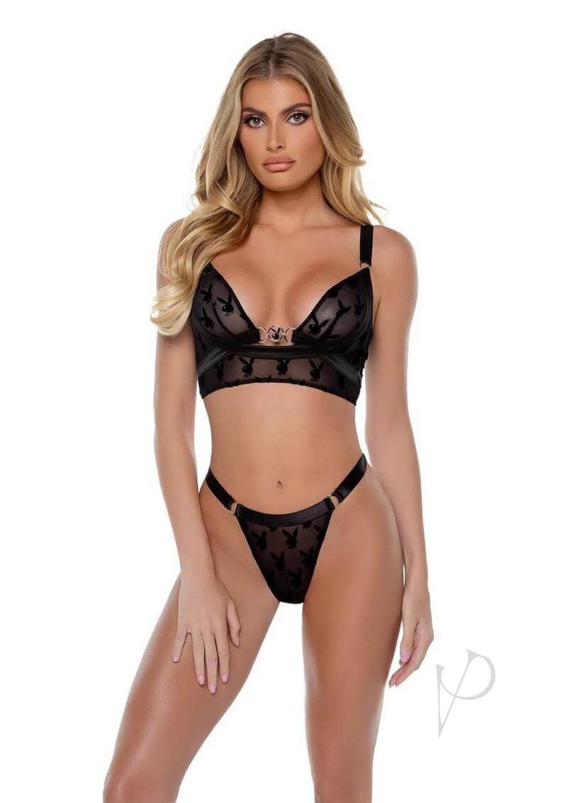 Playboy Bunny Charm Bralette Set Black Small featuring a model in a flocked mesh bralette and matching thong panty.