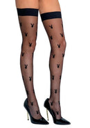 Playboy Bunny Noir Stockings One Size Black featuring thigh-high design and iconic Playboy Bunny logo pattern.