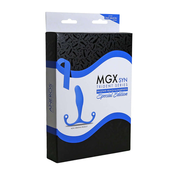 Aneros Trident Series MGX Syn Prostate Stimulator Blue packaging featuring a sleek design and product details.