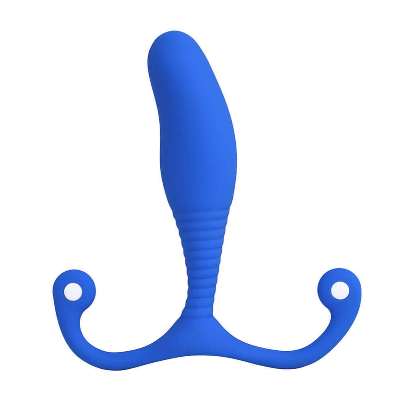 Aneros Trident Series MGX Syn Prostate Stimulator Blue on a white background, showcasing its velvet-touch silicone design.