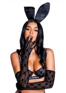 Playboy Bunny Noir Gloves One Size Black worn by model, featuring elegant mesh fabric and iconic Playboy Bunny logo.