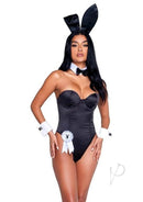 Playboy Classic Bunny Costume XSmall Black on a model, featuring bunny ears and corset-style bodysuit.