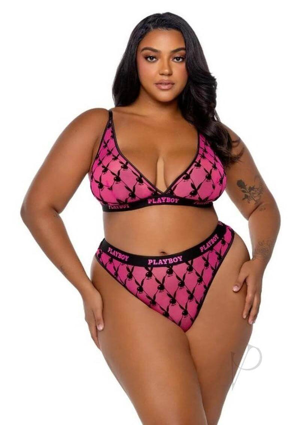 Playboy Flocked Bunny Bra Set 1 XLarge Black model showcasing sultry design and comfort with signature branding.