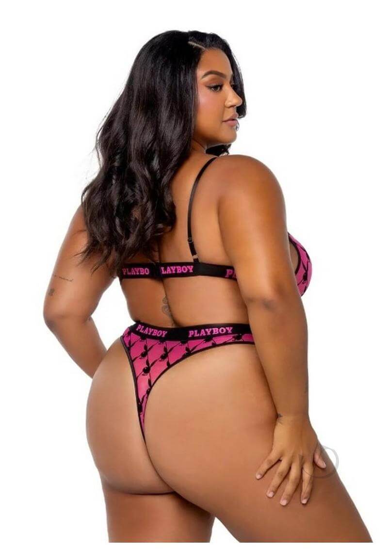 Playboy Flocked Bunny Bra Set 1 XLarge Black shown from the back, featuring vivid pink and iconic Playboy branding.