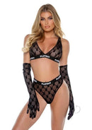 Playboy Flocked Bunny Bra Set XSmall Black showing a model in a black two-piece lingerie set with matching gloves.