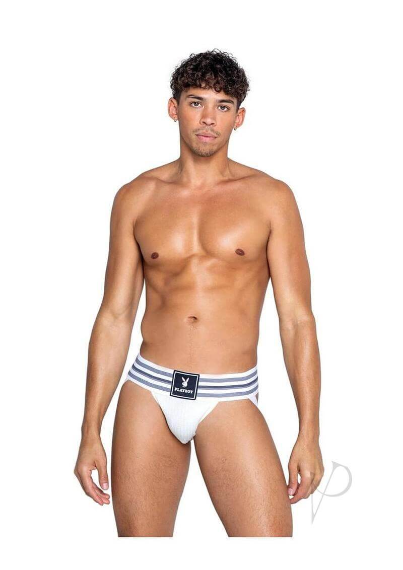 Playboy Mens Locker Room Classic Jock Medium White model wearing jockstrap, showcasing athletic design and comfort.