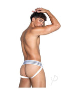 Playboy Mens Locker Room Classic Jock Medium White showcased on a model from the back, highlighting its sleek design and fit.