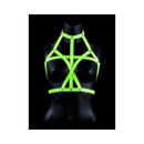 Ouch Glow In The Dark Bra Harness Neon Green S/M displayed on a black mannequin with fluorescent green straps.