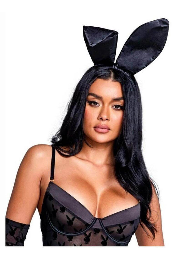 Model wearing Playboy Satin Bunny Ears Black with a stylish lingerie outfit, showcasing playful charm.