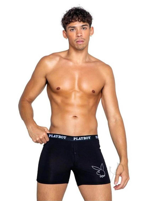 Playboy Mens Tuxedo Classic Boxer XLarge Black model showcasing comfort and style in a black boxer.